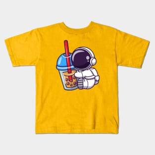 Cute Astronaut Holding Boba Milk Tea Cartoon Kids T-Shirt